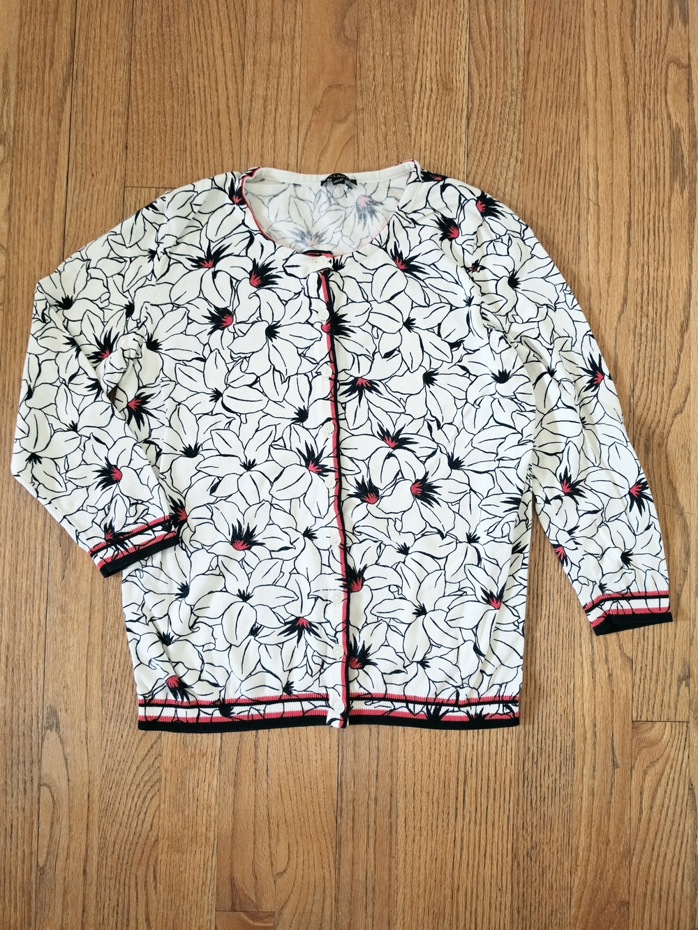 Talbots White Cardigan with Black Floral Print & Red Trim Size S